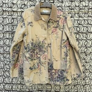 Coldwater Creek Victorian Floral Garden Party Linen Cottagecore Barn Coat LRG